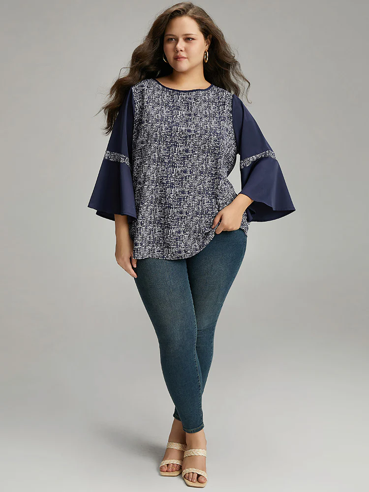 Patchwork Crew Neck Ruffle Sleeve Blouse - Image 4