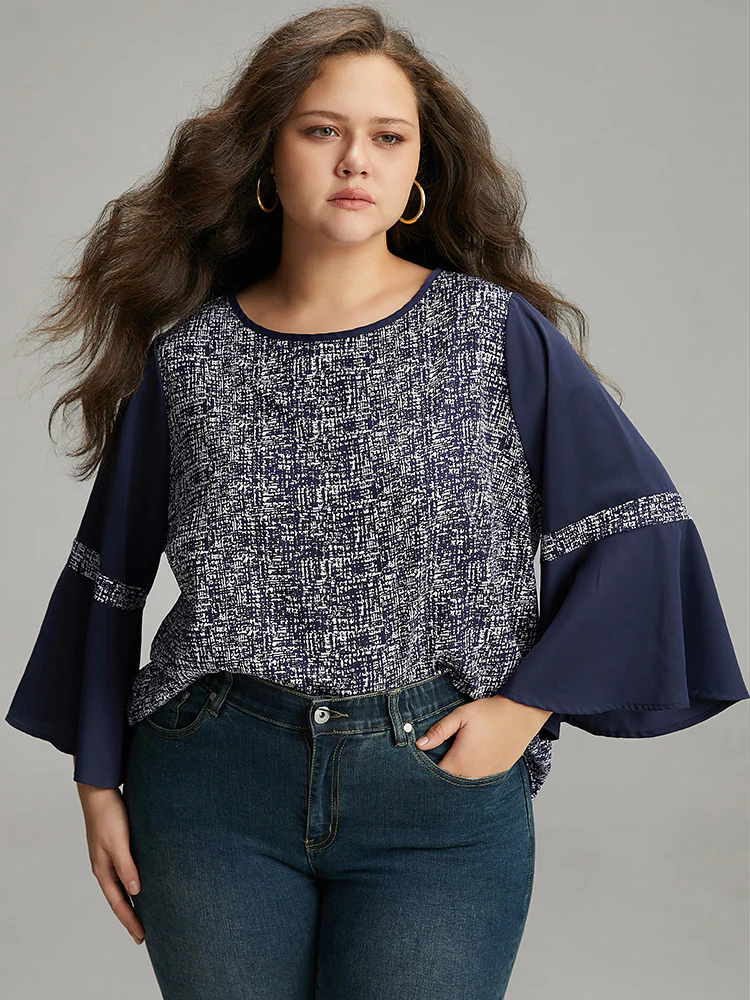 Patchwork Crew Neck Ruffle Sleeve Blouse - Image 5