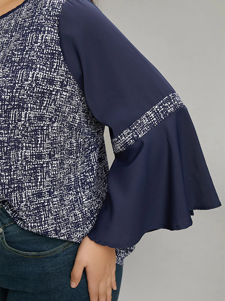 Patchwork Crew Neck Ruffle Sleeve Blouse - Image 8