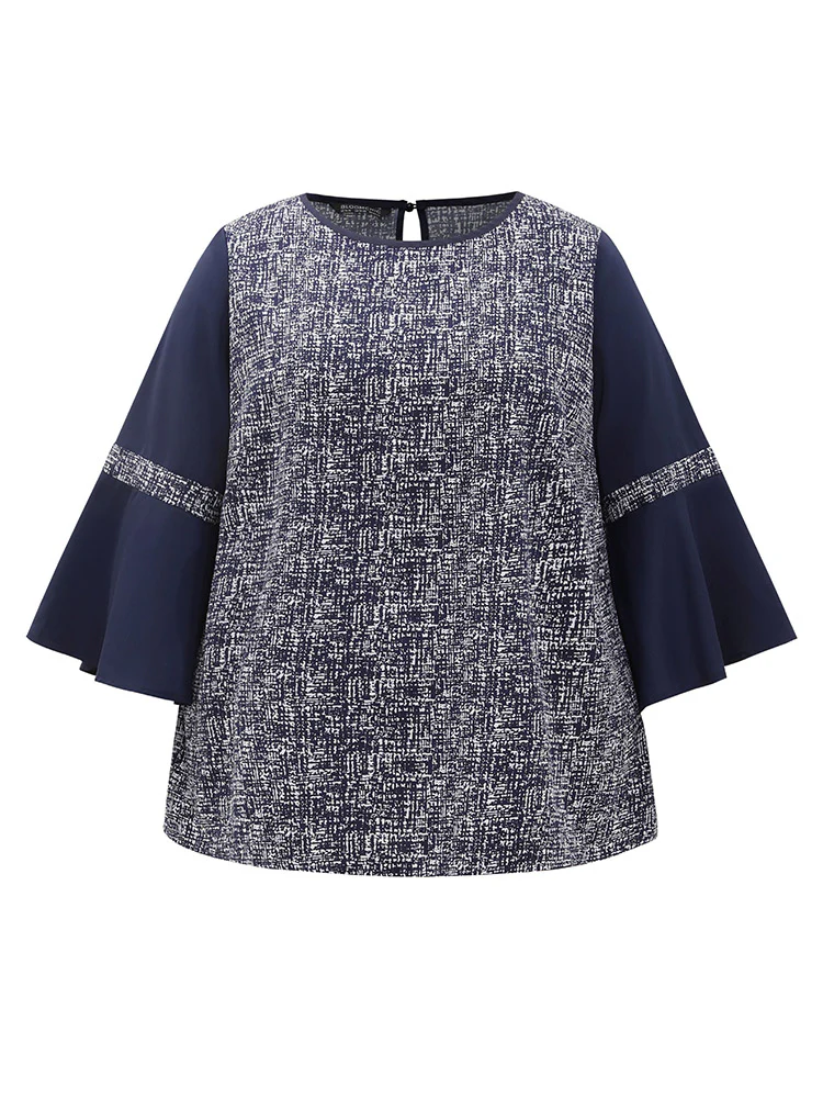 Patchwork Crew Neck Ruffle Sleeve Blouse - Image 9