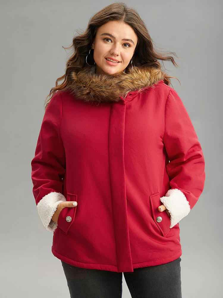 Patchwork Fuzzy Trim Pocket Hooded Jacket - Image 2