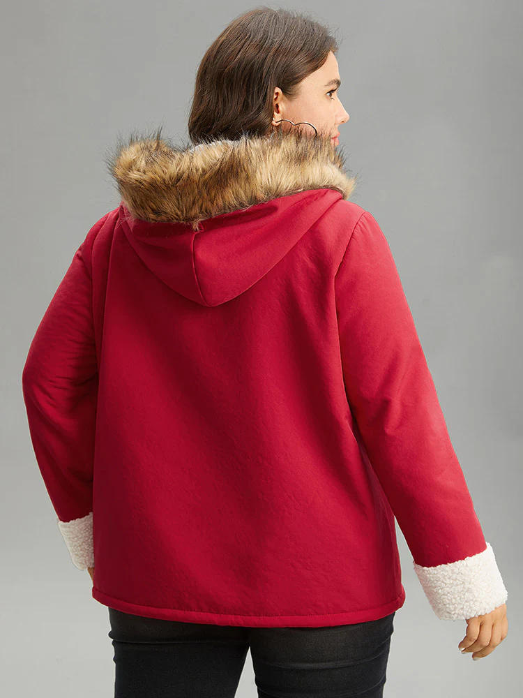 Patchwork Fuzzy Trim Pocket Hooded Jacket - Image 3