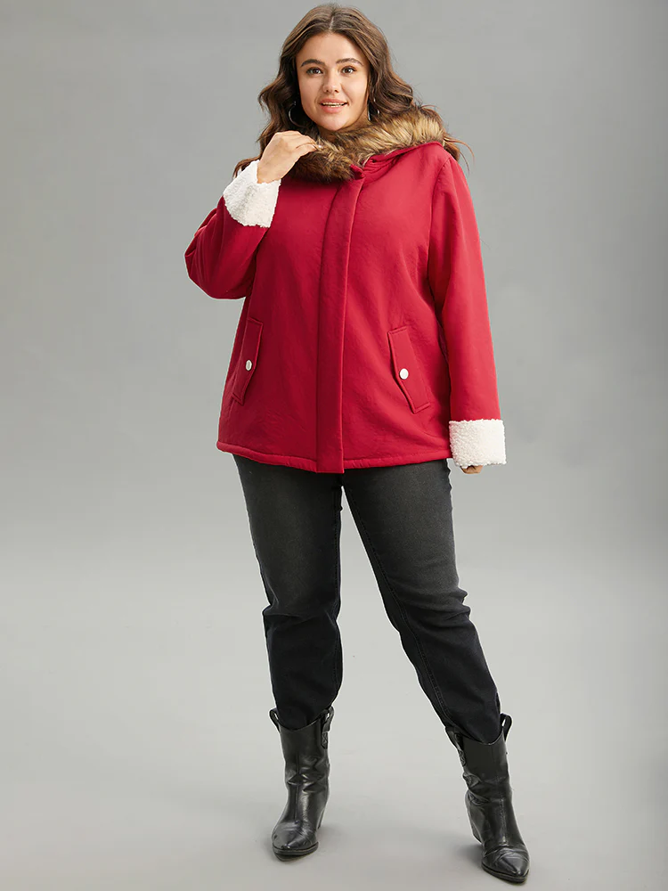 Patchwork Fuzzy Trim Pocket Hooded Jacket - Image 4