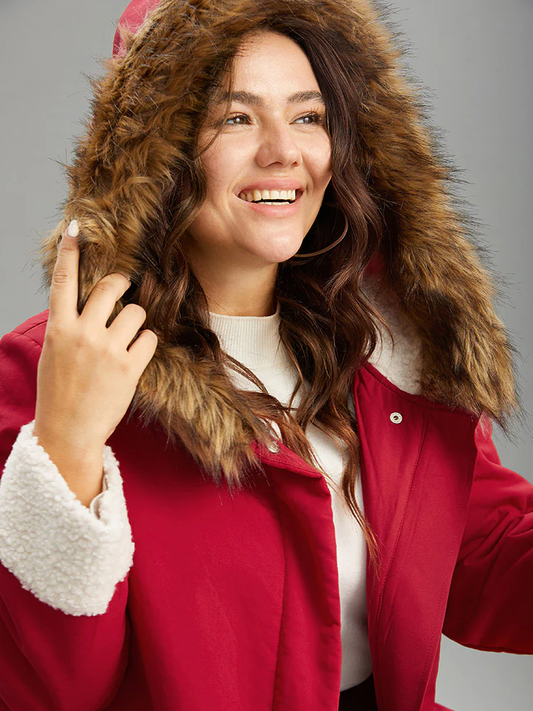 Patchwork Fuzzy Trim Pocket Hooded Jacket - Image 5