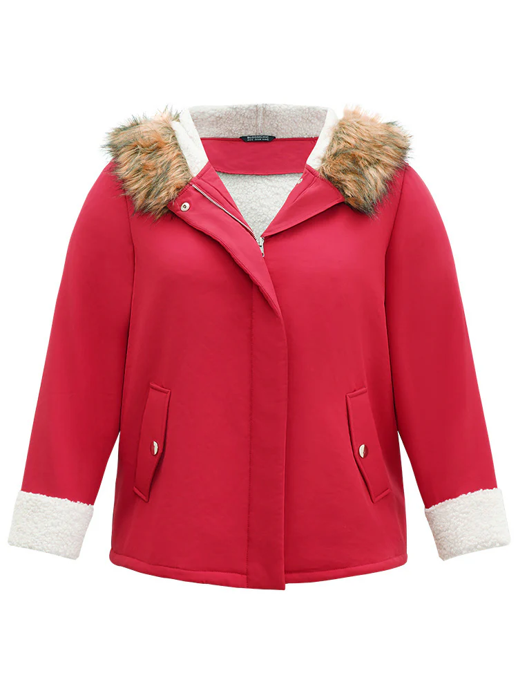 Patchwork Fuzzy Trim Pocket Hooded Jacket - Image 6