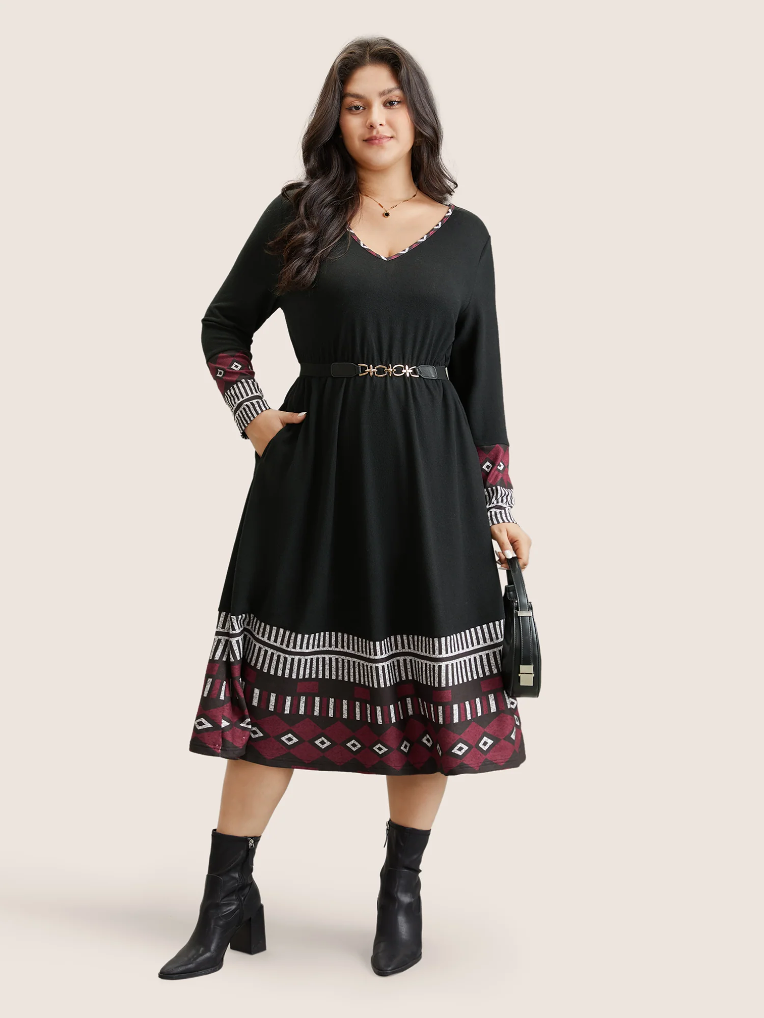 Patchwork Geometric Pocket Elastic Waist Dress
