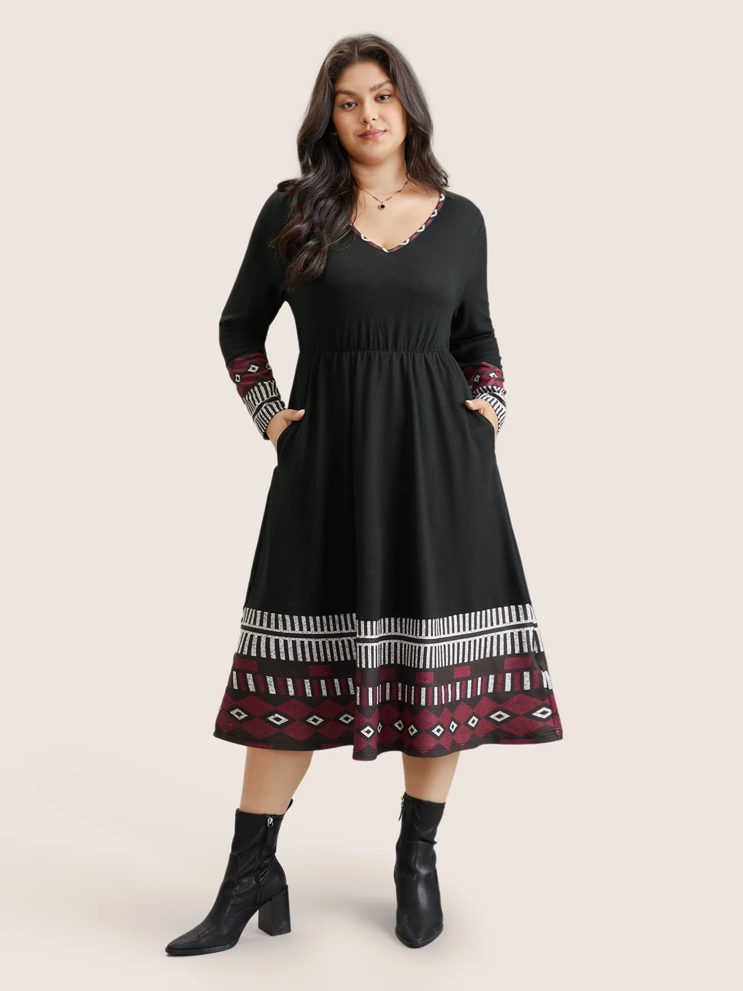 Patchwork Geometric Pocket Elastic Waist Dress - Image 2