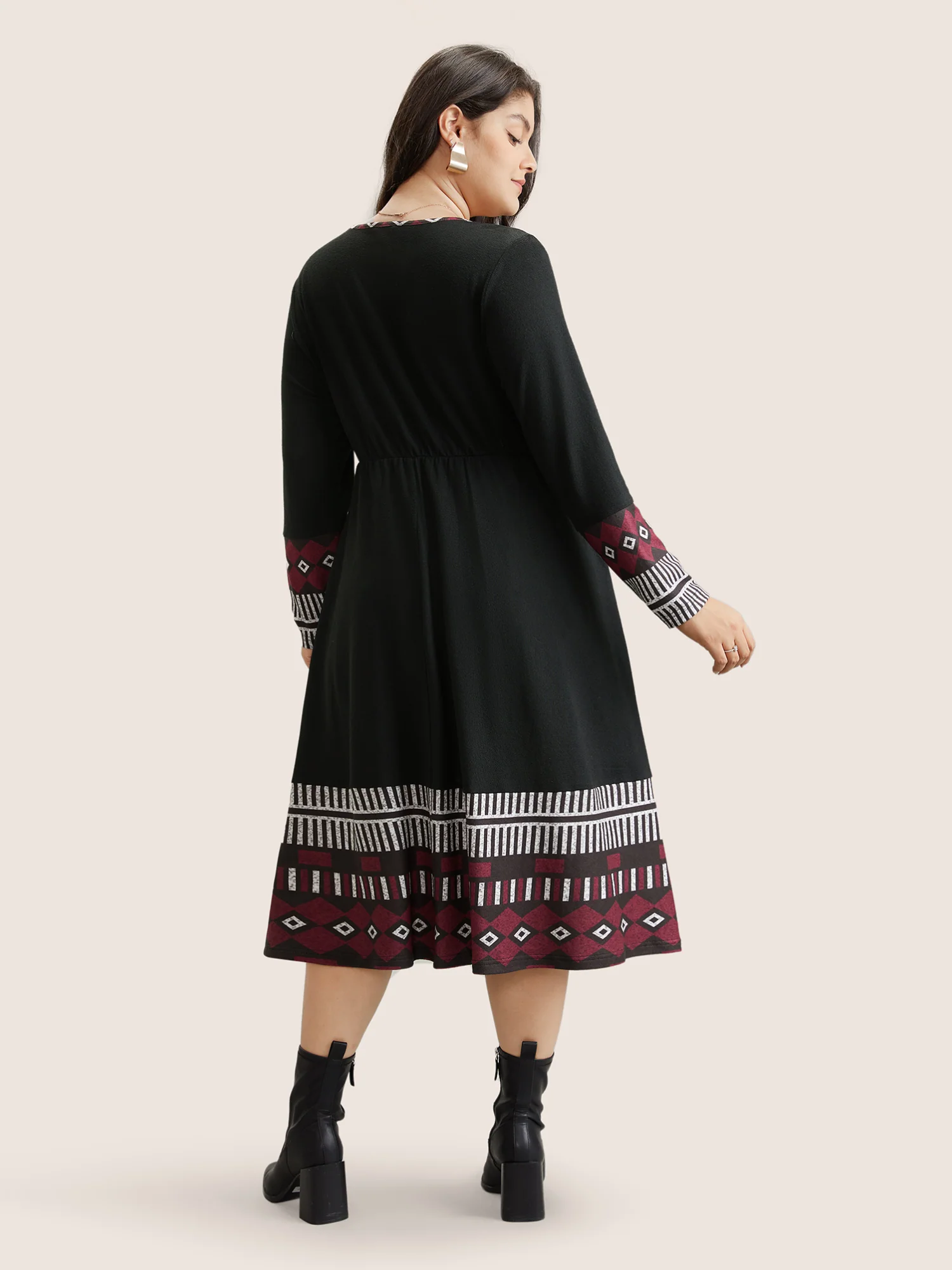 Patchwork Geometric Pocket Elastic Waist Dress - Image 3