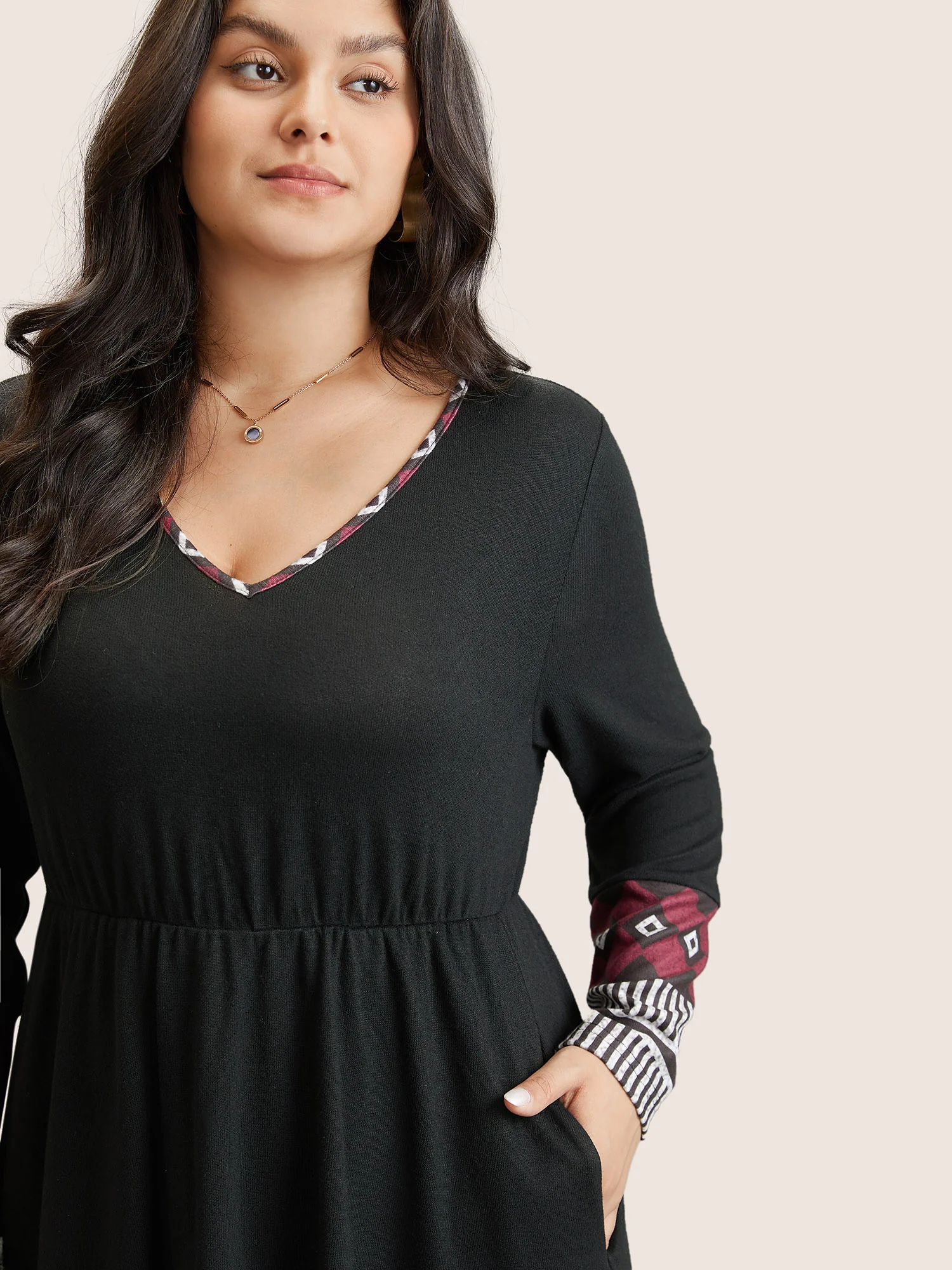 Patchwork Geometric Pocket Elastic Waist Dress - Image 4