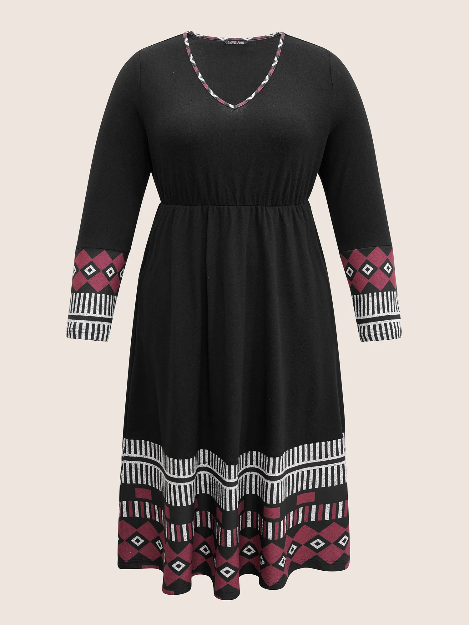 Patchwork Geometric Pocket Elastic Waist Dress - Image 5