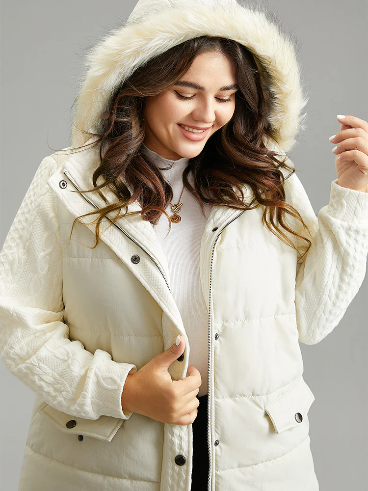 Patchwork Jacquard Fuzzy Trim Hooded Coat - Image 2