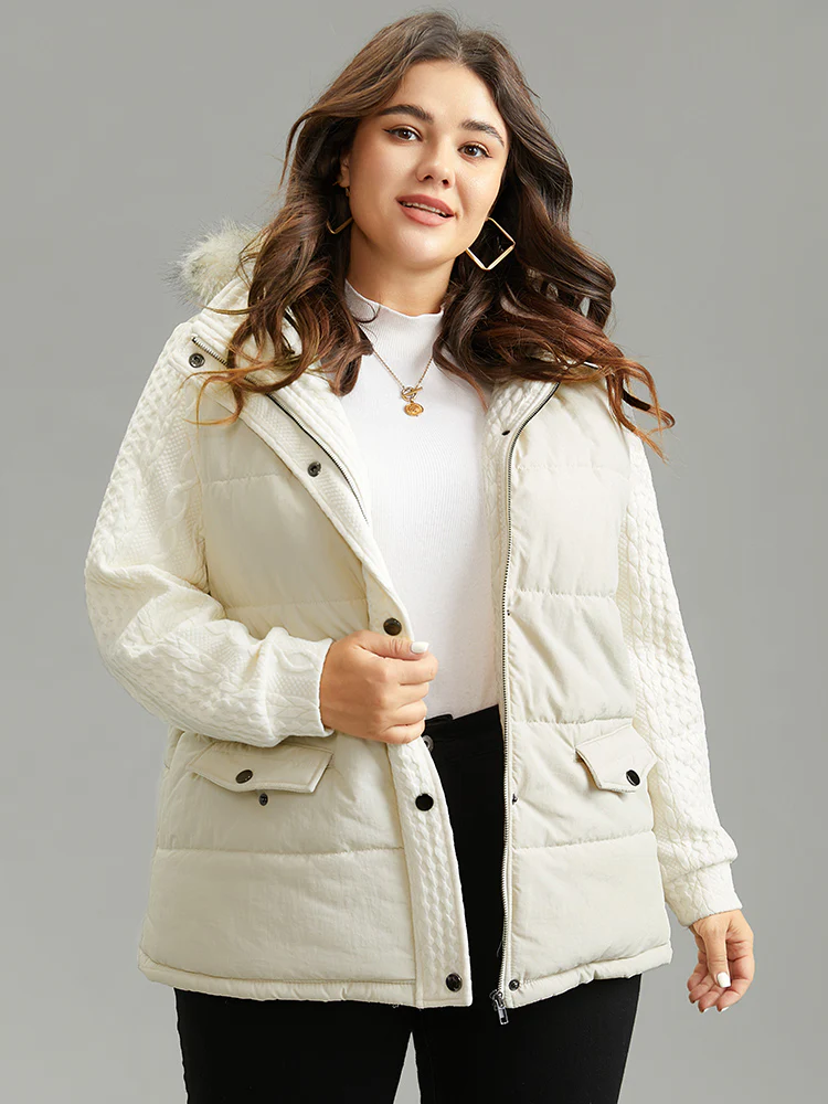 Patchwork Jacquard Fuzzy Trim Hooded Coat - Image 3