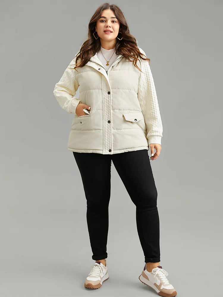 Patchwork Jacquard Fuzzy Trim Hooded Coat - Image 4