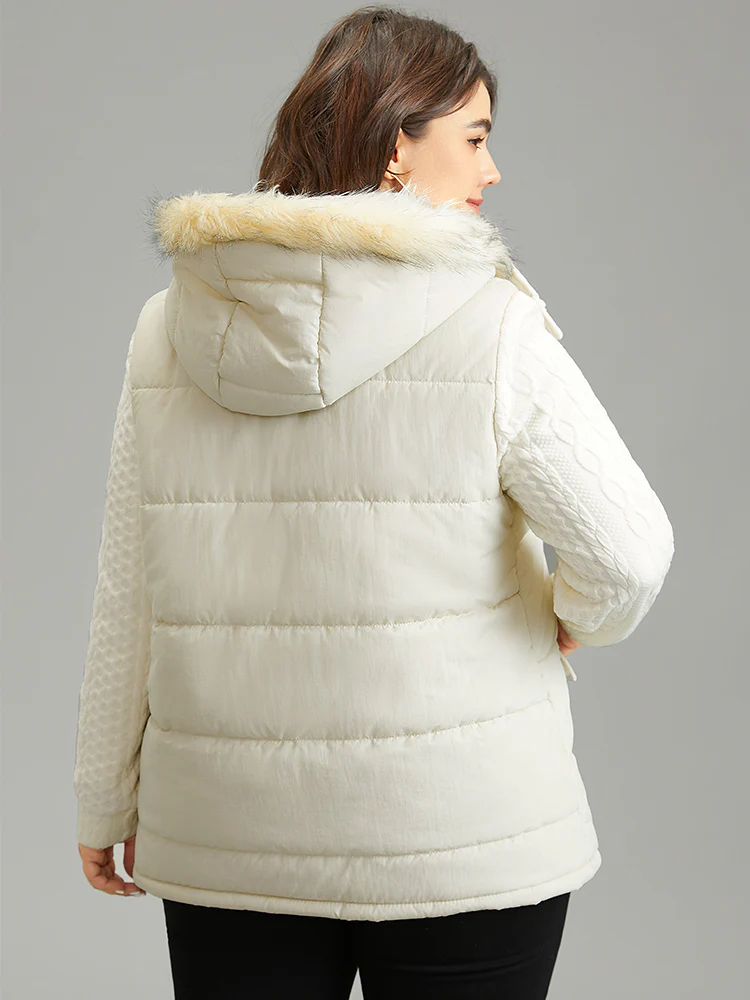 Patchwork Jacquard Fuzzy Trim Hooded Coat - Image 5