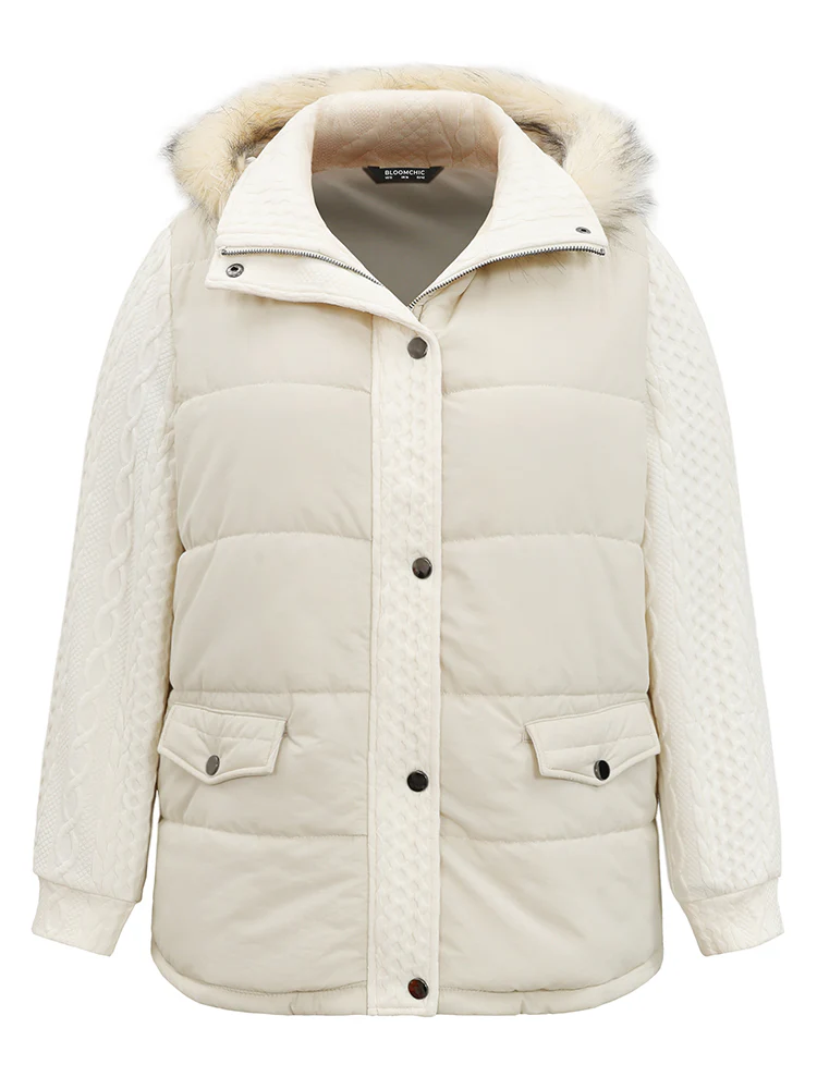 Patchwork Jacquard Fuzzy Trim Hooded Coat - Image 6