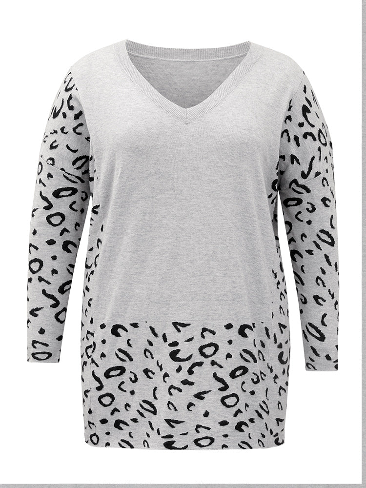 Patchwork Leopard Print V Neck Pullover - Image 8