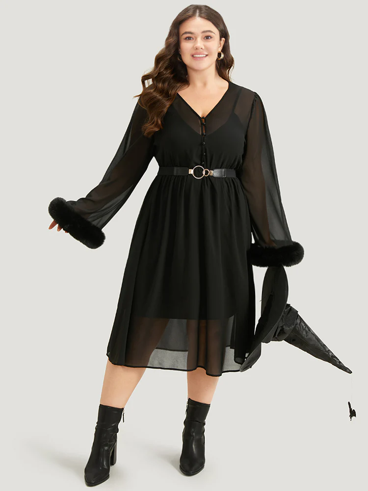 Halloween Patchwork Chiffon Mesh Button Up Fuzzy Trim Dress