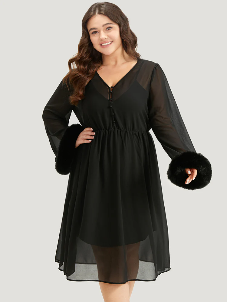Halloween Patchwork Chiffon Mesh Button Up Fuzzy Trim Dress - Image 2