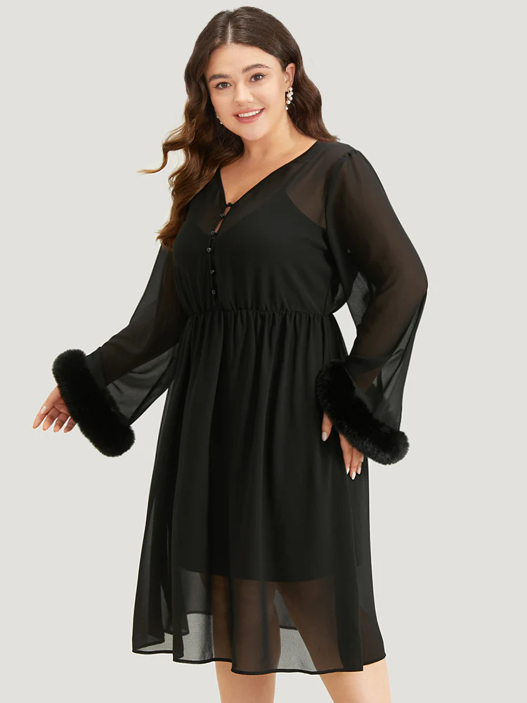 Halloween Patchwork Chiffon Mesh Button Up Fuzzy Trim Dress - Image 3