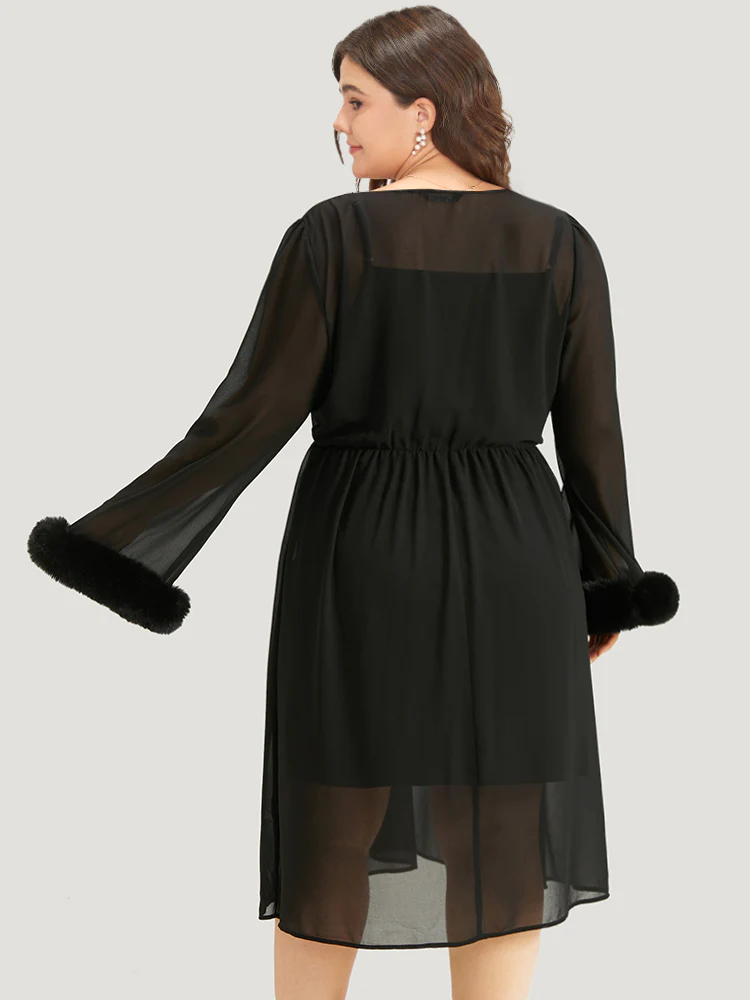 Halloween Patchwork Chiffon Mesh Button Up Fuzzy Trim Dress - Image 4