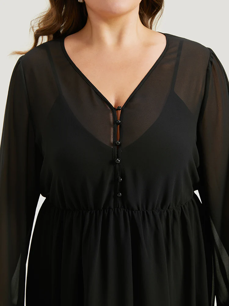 Halloween Patchwork Chiffon Mesh Button Up Fuzzy Trim Dress - Image 5
