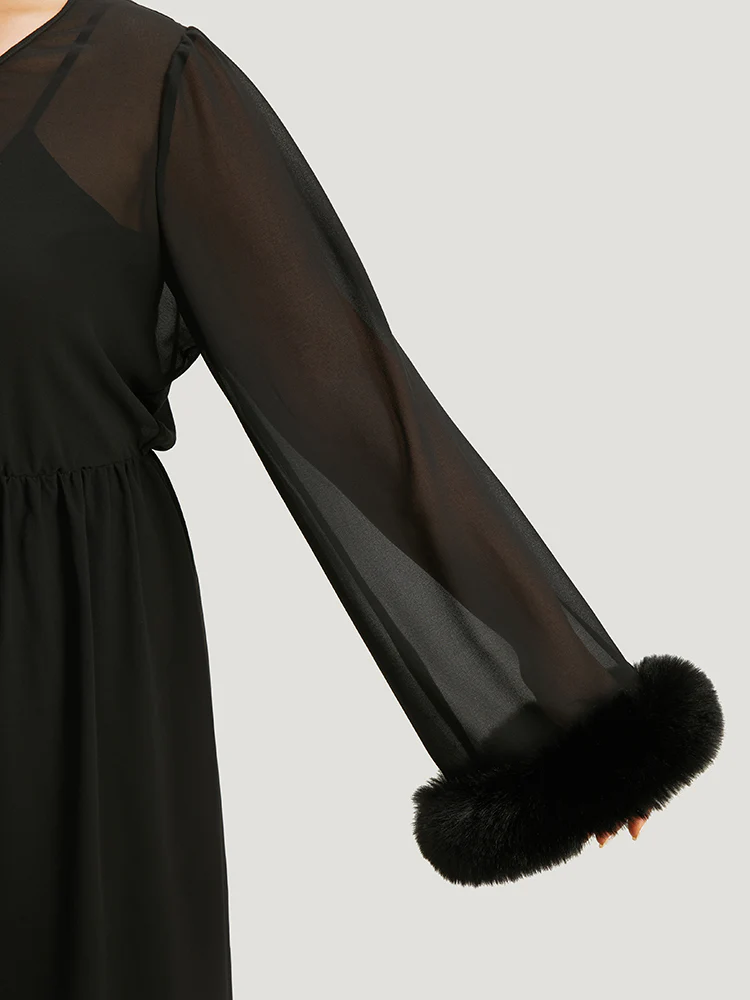 Halloween Patchwork Chiffon Mesh Button Up Fuzzy Trim Dress - Image 6