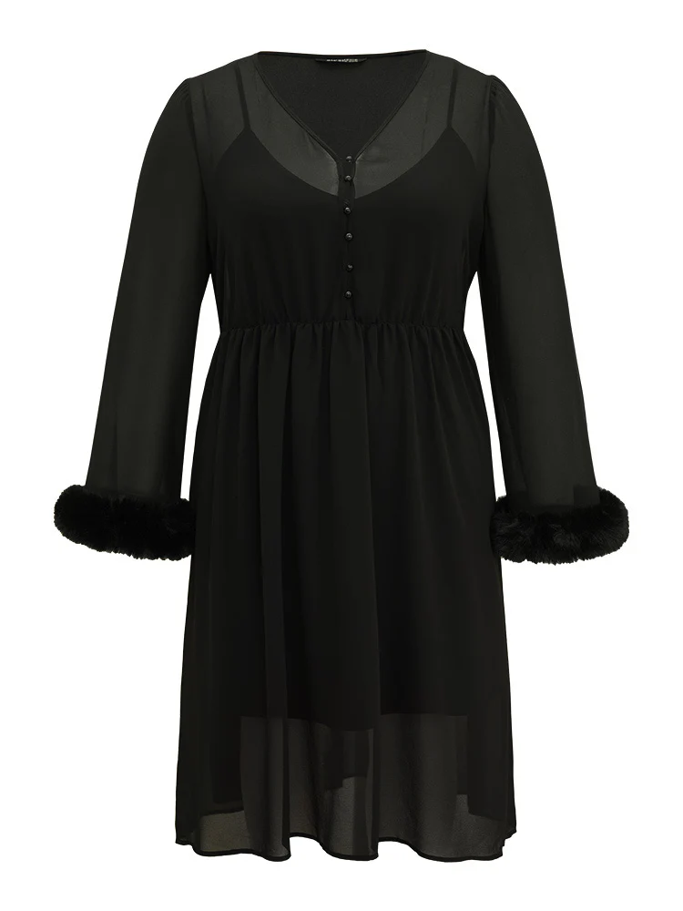 Halloween Patchwork Chiffon Mesh Button Up Fuzzy Trim Dress - Image 7