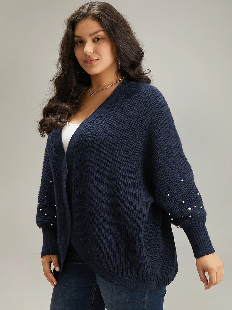 Patchwork Pearl Beaded Curved Hem Cardigan - Image 3