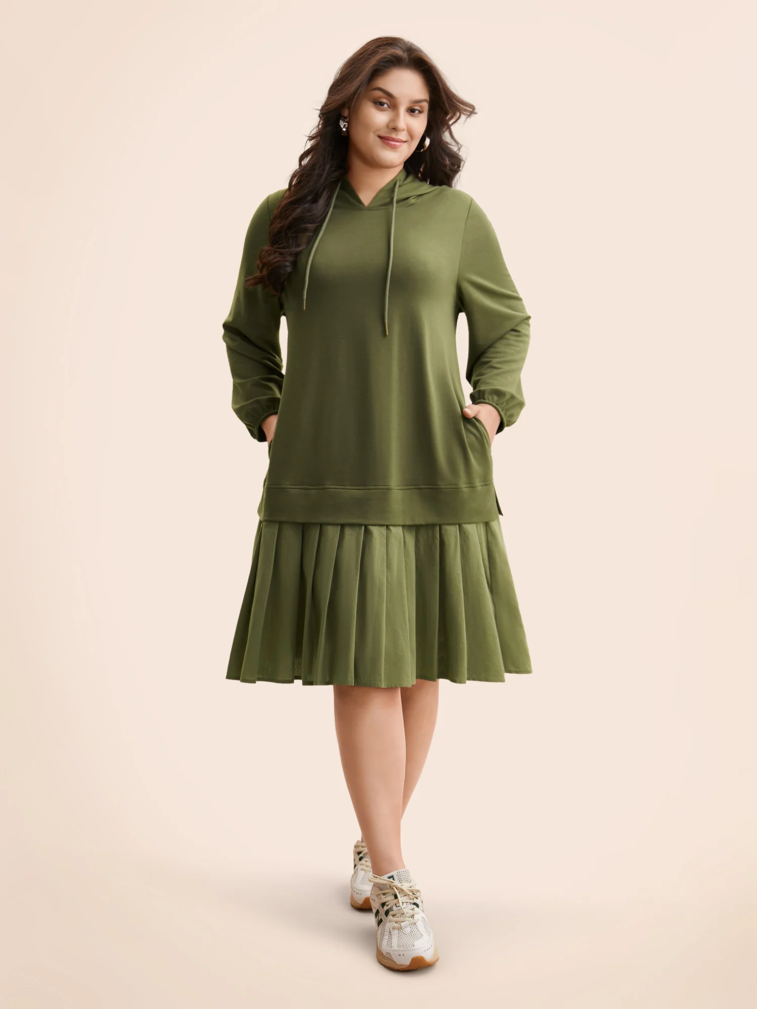 Patchwork Pleated Hooded Drawstring Dress - Image 2