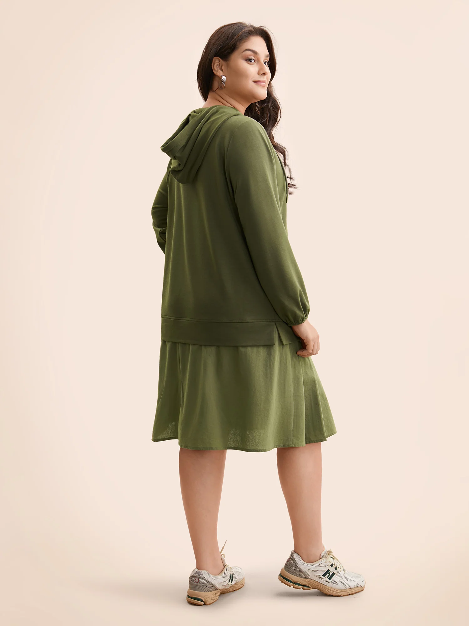 Patchwork Pleated Hooded Drawstring Dress - Image 3