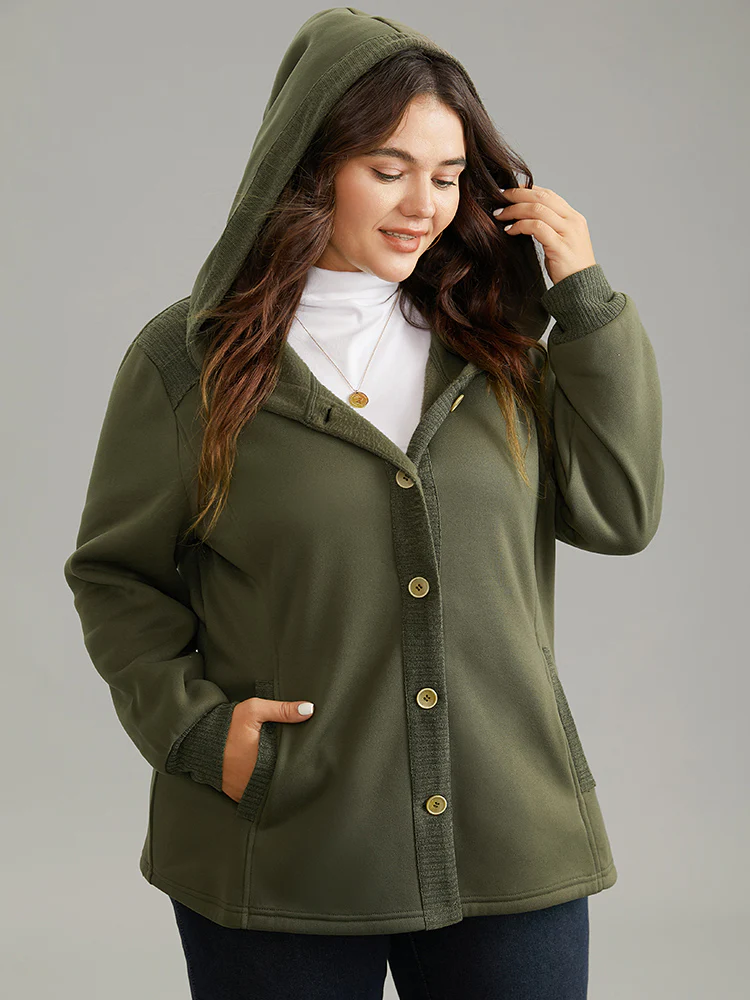 Patchwork Rib Knit Hooded Button Up Jacket - Image 2