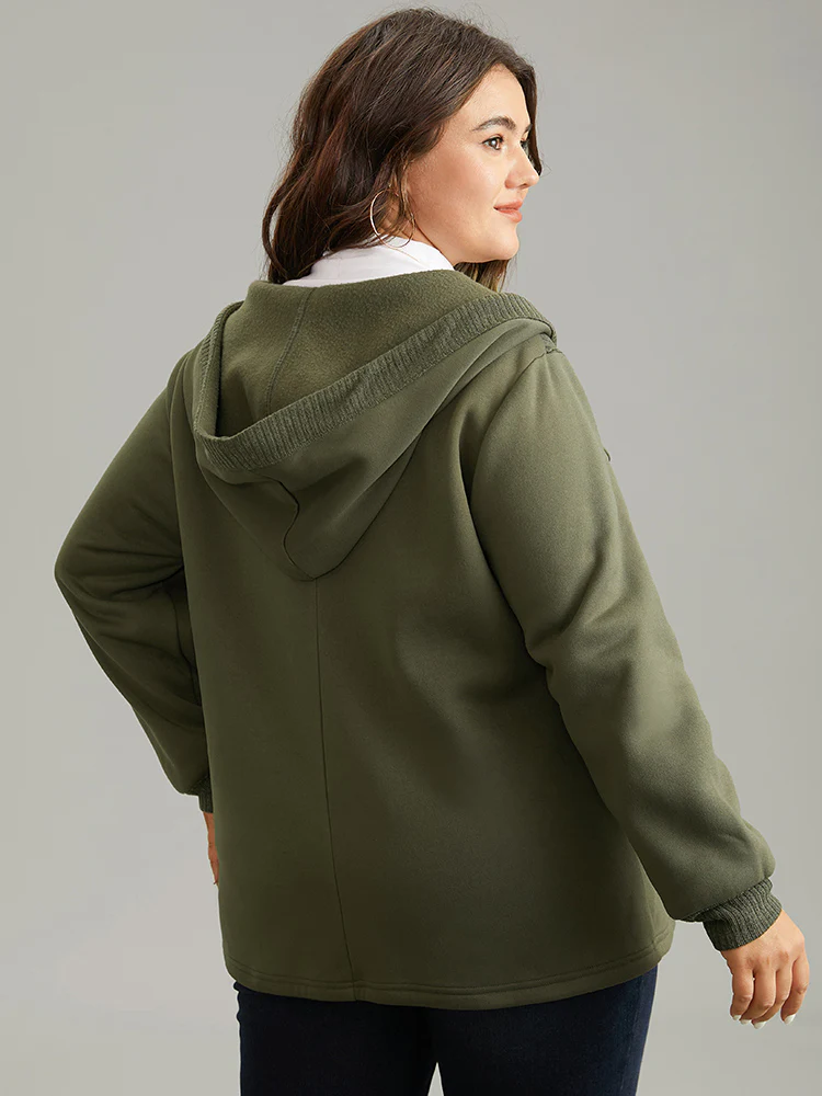 Patchwork Rib Knit Hooded Button Up Jacket - Image 4