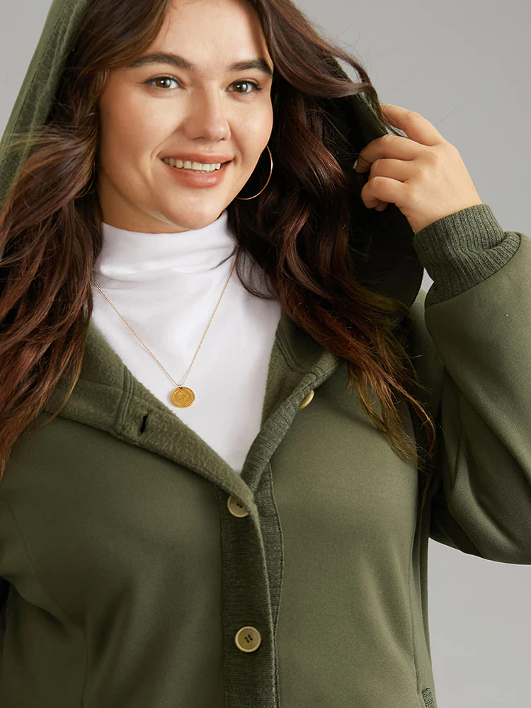 Patchwork Rib Knit Hooded Button Up Jacket - Image 5