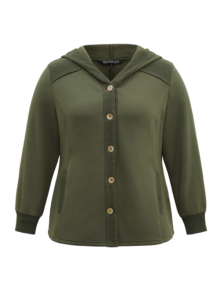 Patchwork Rib Knit Hooded Button Up Jacket - Image 6