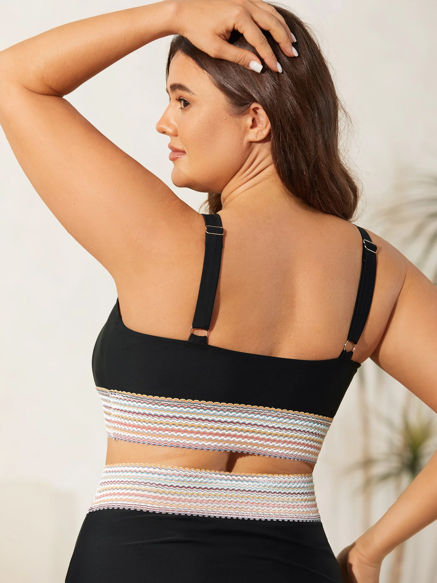 Patchwork Ruched Drawstring Swim Top - Image 4