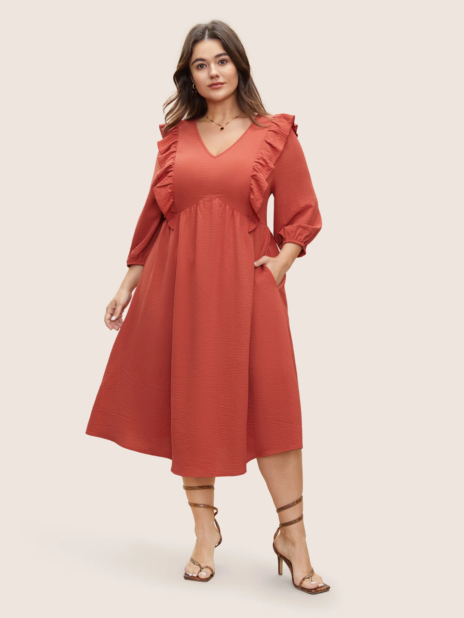 Patchwork Ruffles Pocket Elastic Waist Crepe Dress - Image 2