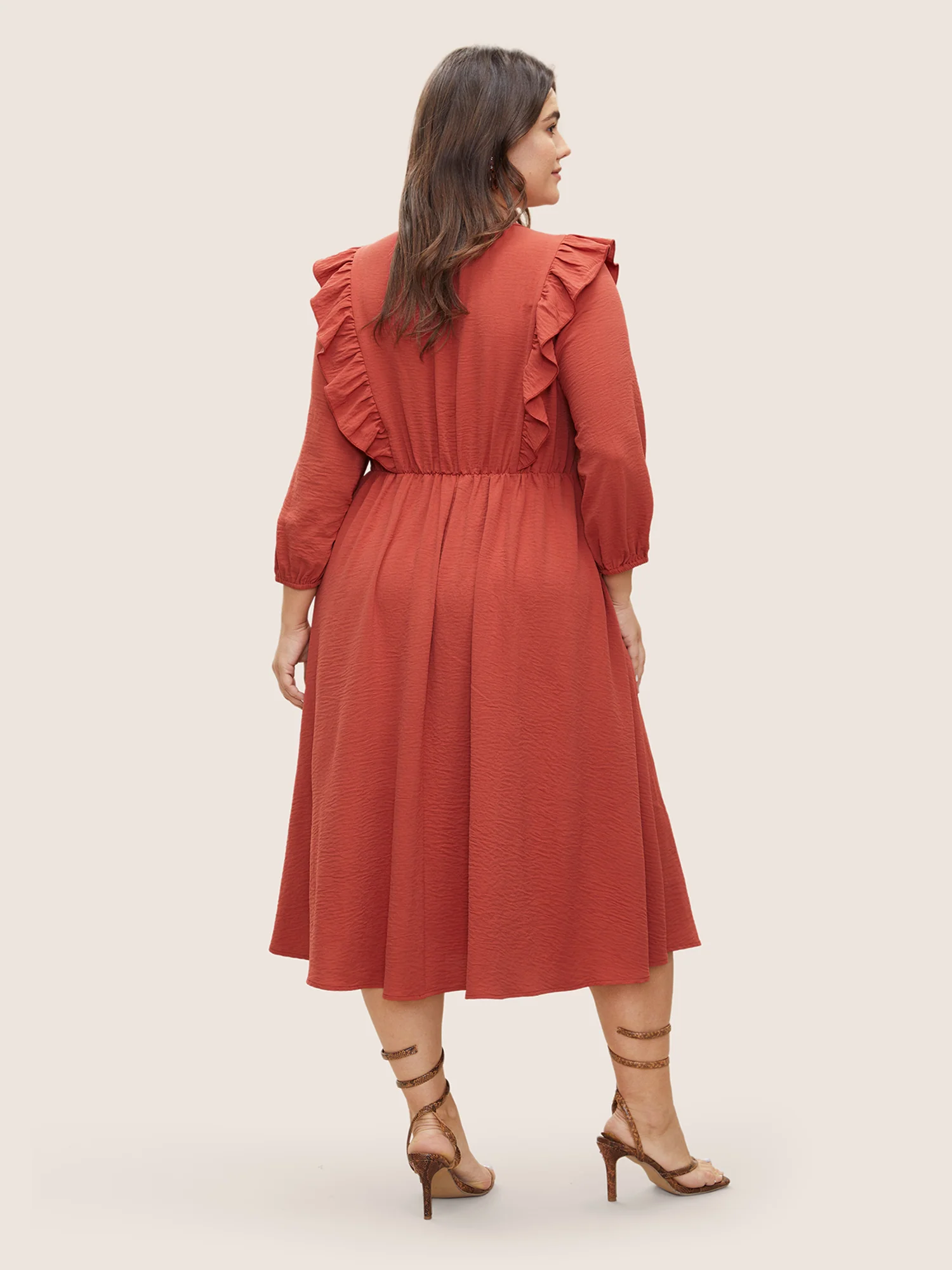 Patchwork Ruffles Pocket Elastic Waist Crepe Dress - Image 3