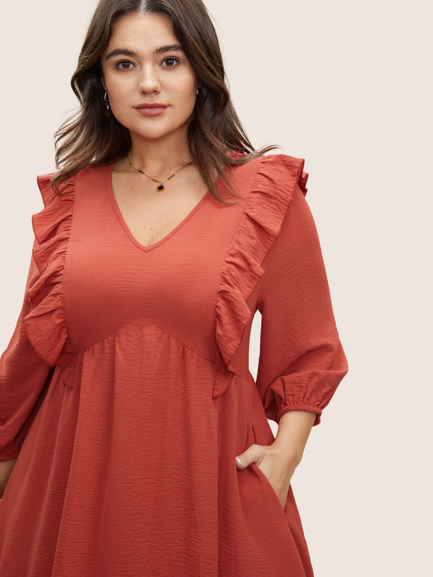 Patchwork Ruffles Pocket Elastic Waist Crepe Dress - Image 4