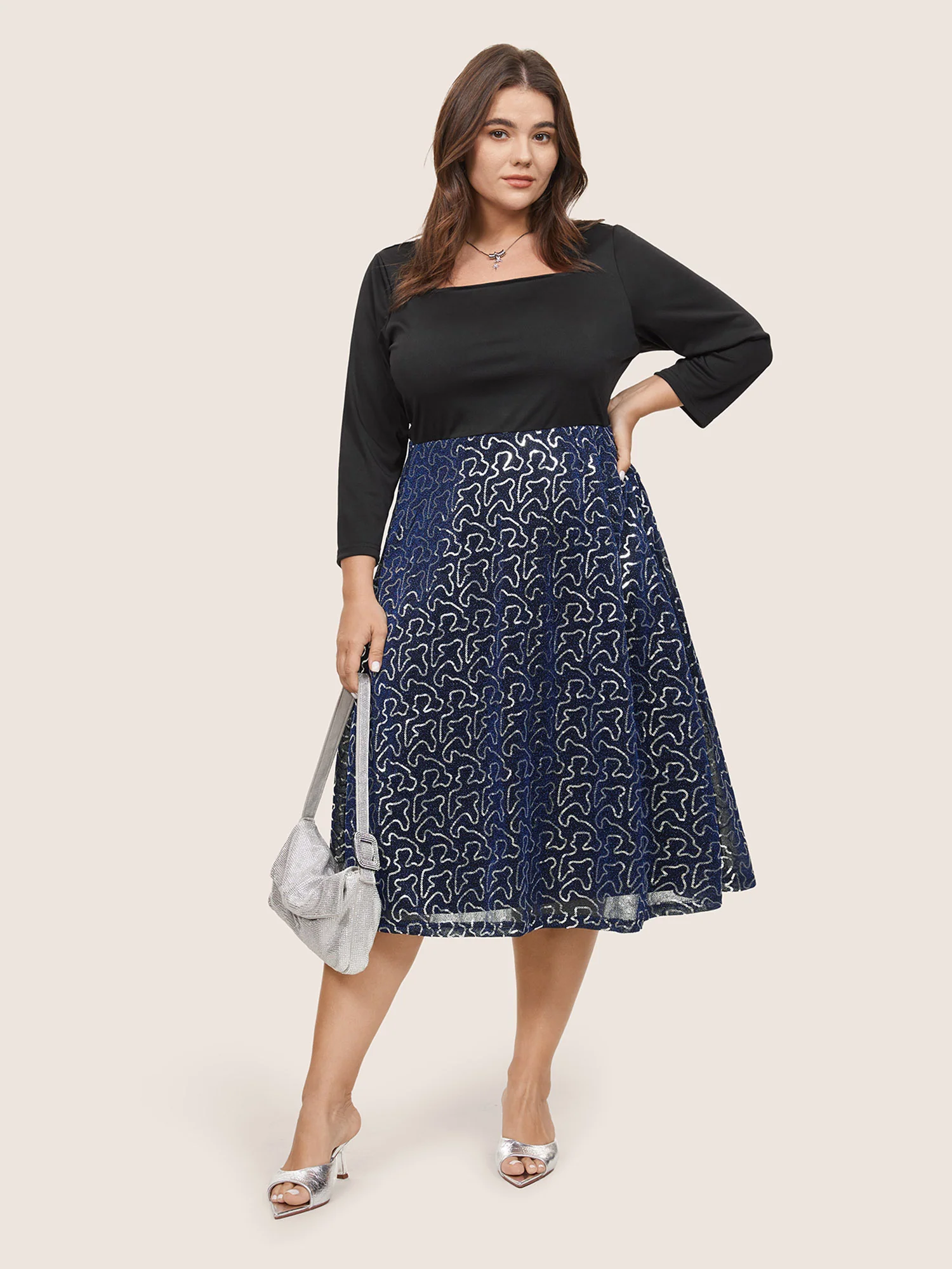 Patchwork Sequin Elastic Waist Square Neck Dress - Image 2