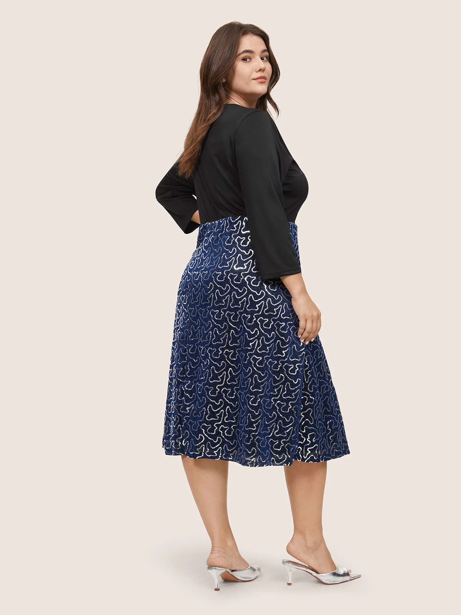 Patchwork Sequin Elastic Waist Square Neck Dress - Image 3