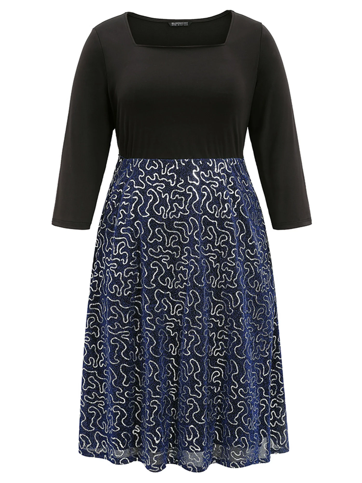 Patchwork Sequin Elastic Waist Square Neck Dress - Image 5