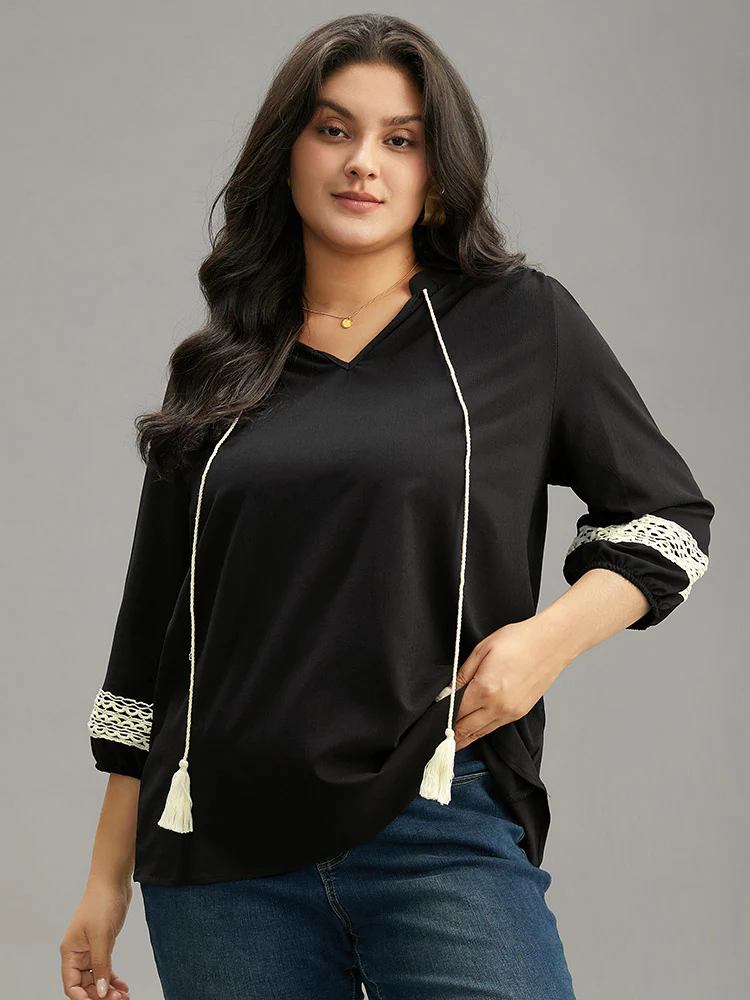 Patchwork Tassel Trim Knot Lantern Sleeve Blouse