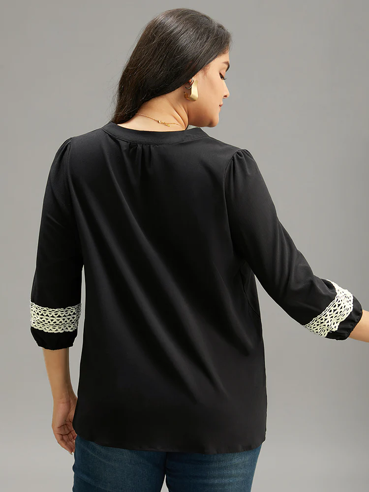 Patchwork Tassel Trim Knot Lantern Sleeve Blouse - Image 2