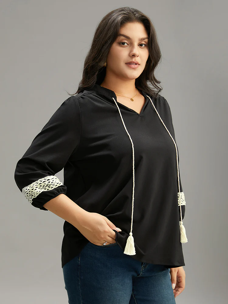Patchwork Tassel Trim Knot Lantern Sleeve Blouse - Image 3