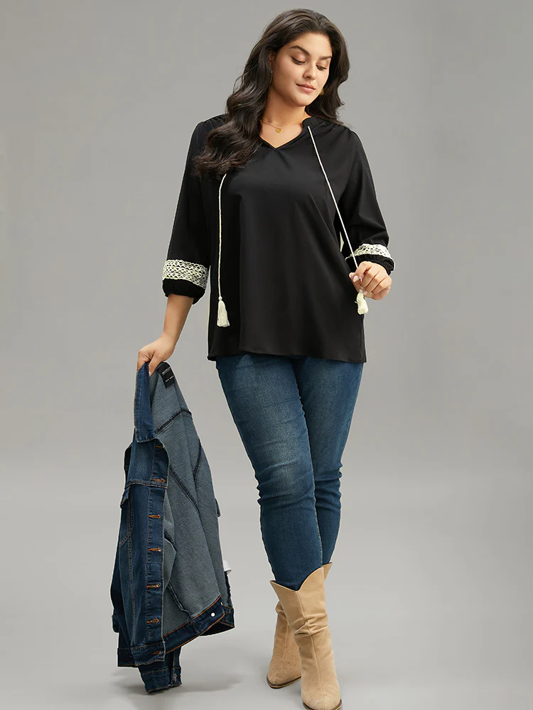 Patchwork Tassel Trim Knot Lantern Sleeve Blouse - Image 4