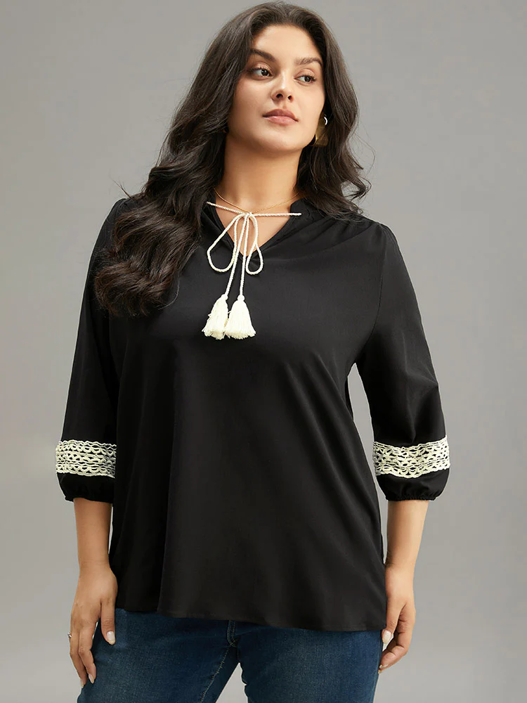 Patchwork Tassel Trim Knot Lantern Sleeve Blouse - Image 5