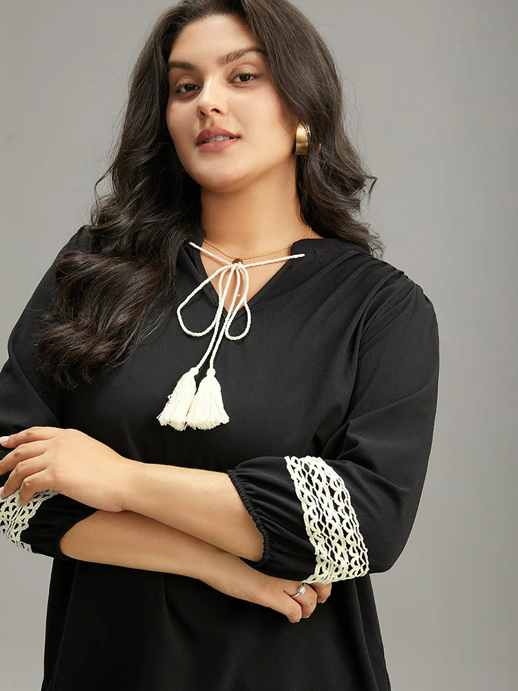 Patchwork Tassel Trim Knot Lantern Sleeve Blouse - Image 6