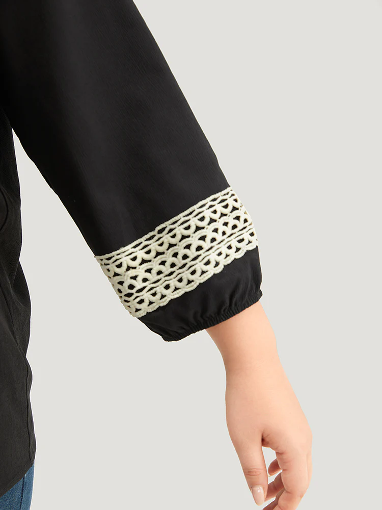 Patchwork Tassel Trim Knot Lantern Sleeve Blouse - Image 7