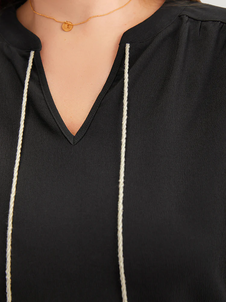 Patchwork Tassel Trim Knot Lantern Sleeve Blouse - Image 8