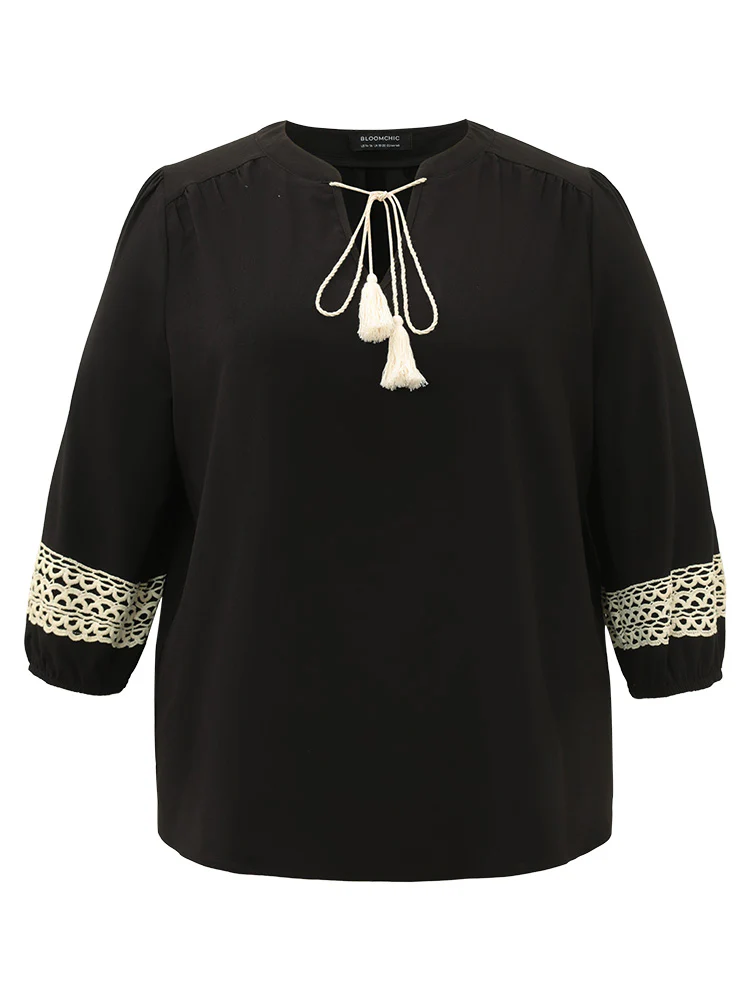 Patchwork Tassel Trim Knot Lantern Sleeve Blouse - Image 9